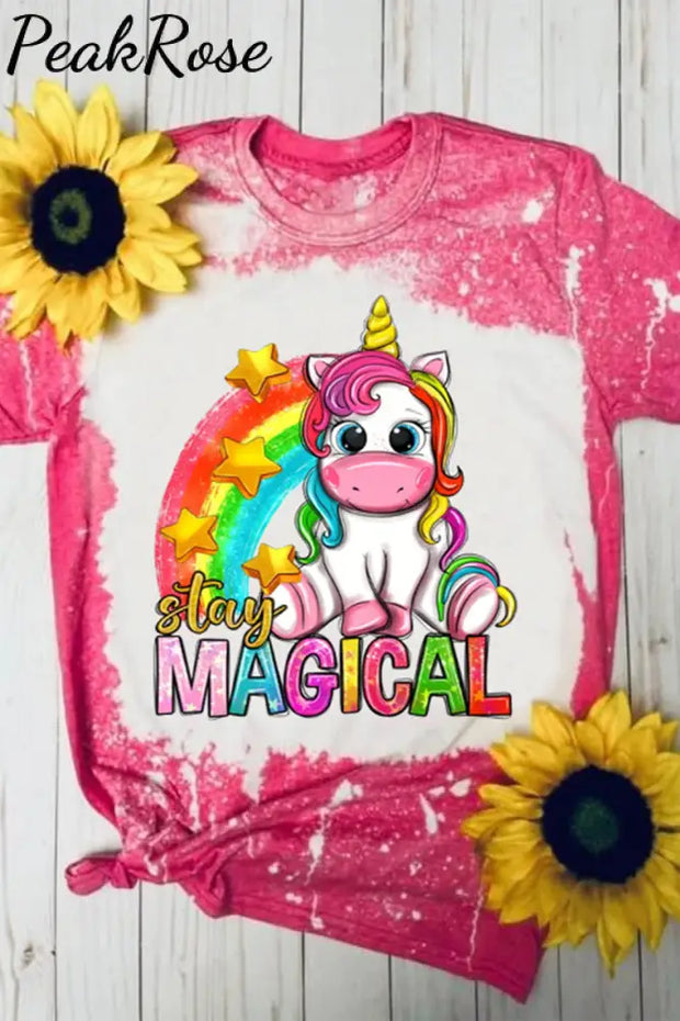 Stay Magical Unicorn Rainbow Bleached Printed Round Neck T-Shirt T-Shirt