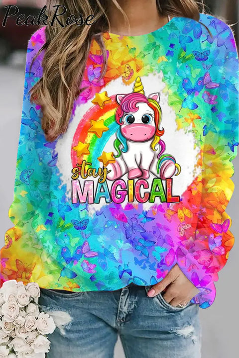 Stay Magical Unicorn Rainbow Tie Dye Print Sweatshirt