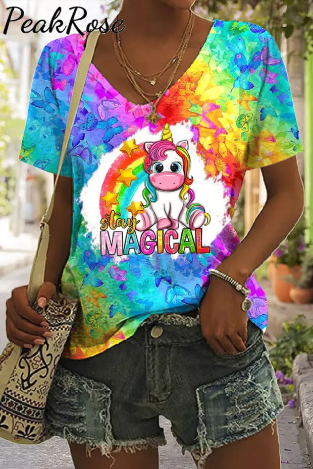 Stay Magical Unicorn Rainbow Tie Dye Print V Neck T-Shirt T-Shirt