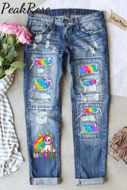 Stay Magical Unicorn Rainbow Tie Dye Printed Ripped Denim Jeans S