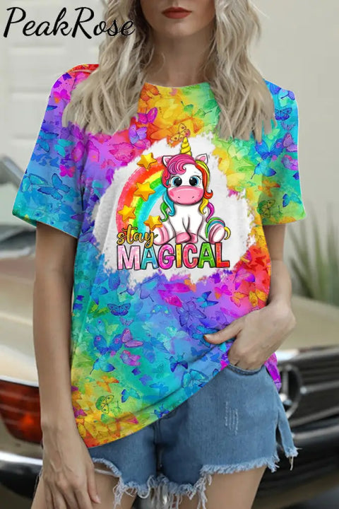 Stay Magical Unicorn Rainbow Tie Dye Printed Round Neck T-Shirt T-Shirt