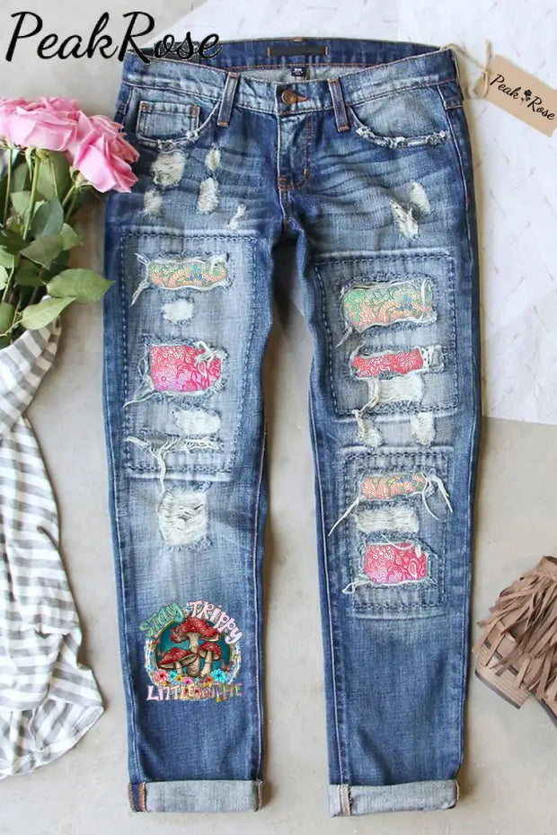 Stay Trippy Little Hippie Soul Flowers Boho Printed Ripped Denim Jeans S