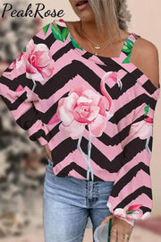 Stripe Flamingo Print Off-Shoulder Blouse