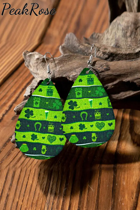 Striped Clover Print Pu Leather Earrings Green / One Size