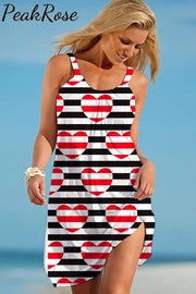 Striped Heart-Shaped Print Sleeveless Dress S