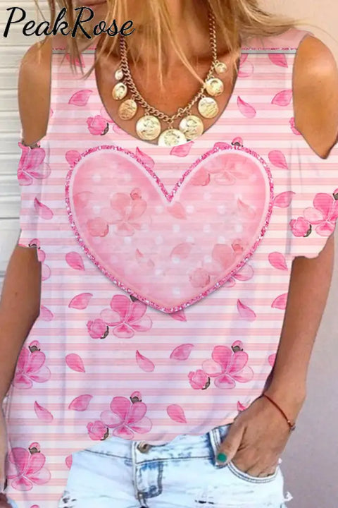 Striped Pink Heart Floral Print Cold Shoulder T-Shirt T-Shirt