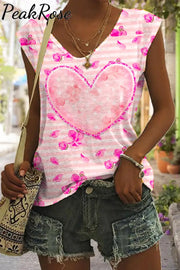 Striped Pink Heart Floral Print Tank Top S / V-Neck