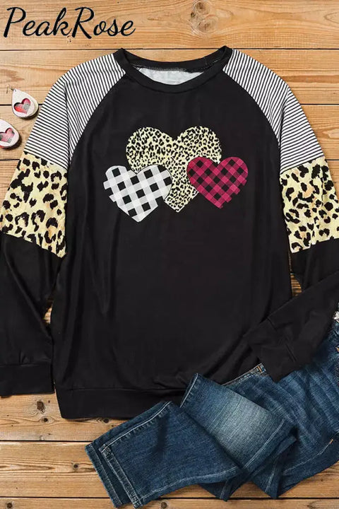 Striped Plaid Leopard Heart Round Neck Sweatshirt