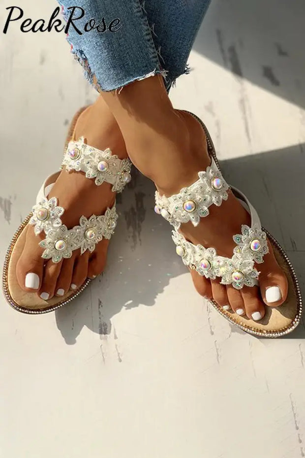 Studded Crochet Flower Straps Flip Flop Slippers