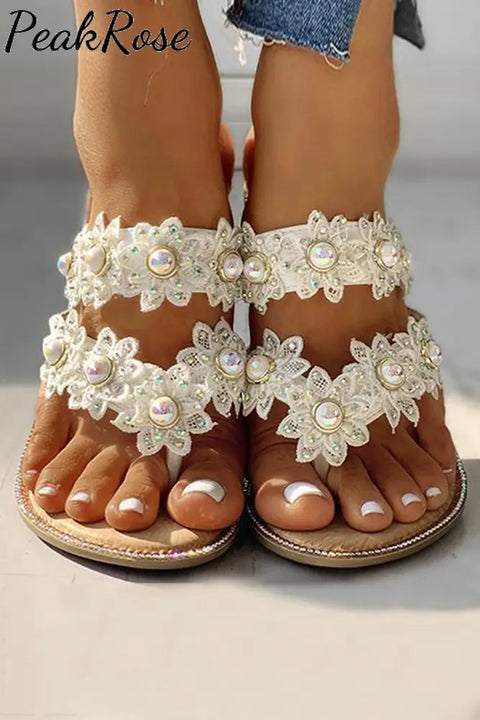 Studded Crochet Flower Straps Flip Flop Slippers Beige / 5(37)