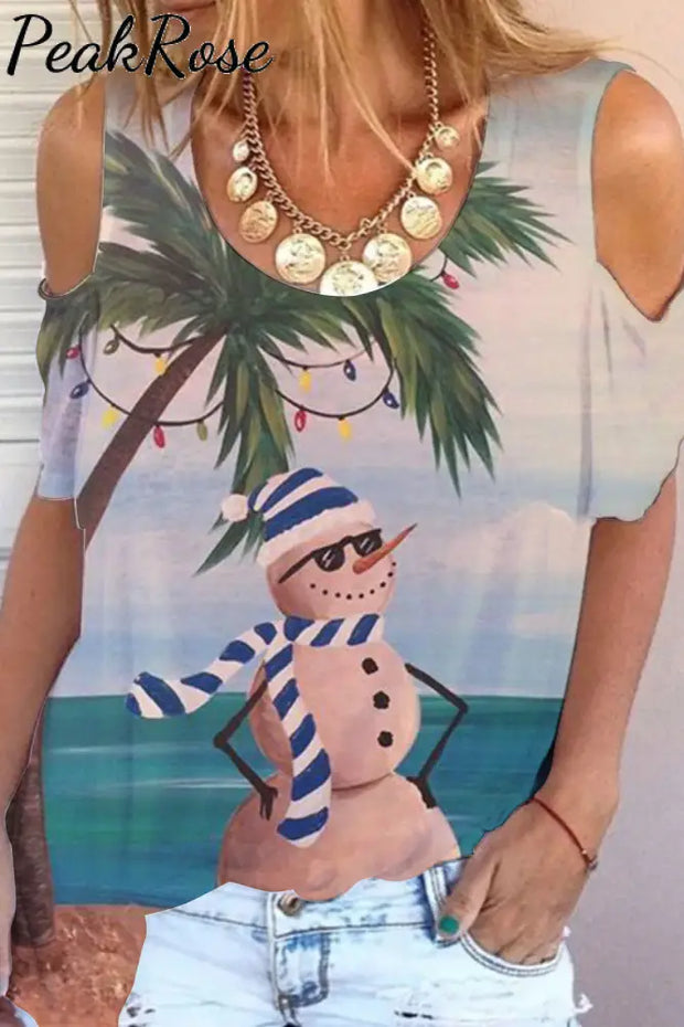 Summer Beach Snowman Cold Shoulder T-Shirt