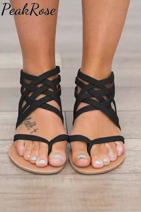 Summer Cross-Tied Zipper Flat Sandals Black / 3.5(35)