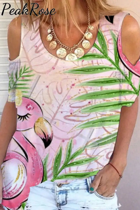 Summer Flamingos Cold Shoulder T-Shirt S / Photo Color