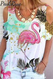 Summer Flamingos Cold Shoulder T-Shirt S / Photo Color