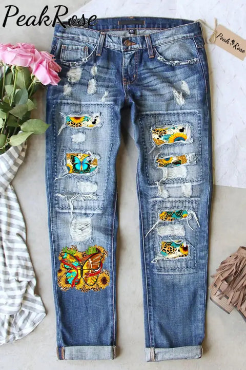 Sunflower Butterfly Vintage Leopard Rugby Pattern Ripped Denim Jeans