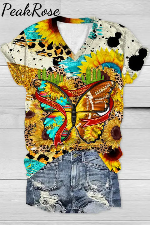 Sunflower Butterfly Vintage Leopard Rugby Pattern V Neck T-Shirt