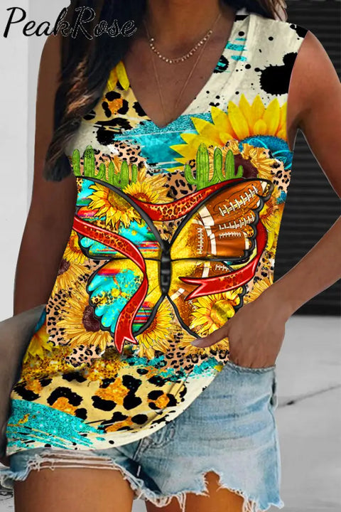 Sunflower Butterfly Vintage Leopard Rugby Pattern V-Neck Tank Top