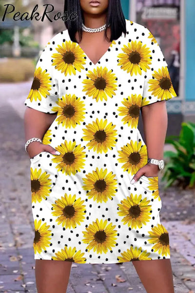 Sunflowers Polka Dot Print Plus-Size Dress With Pockets Xl / Photo Color Plus Size Dresses