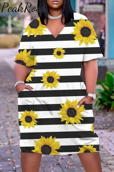 Sunflowers Striped Print Plus-Size Dress With Pockets Xl / Photo Color Plus Size Dresses