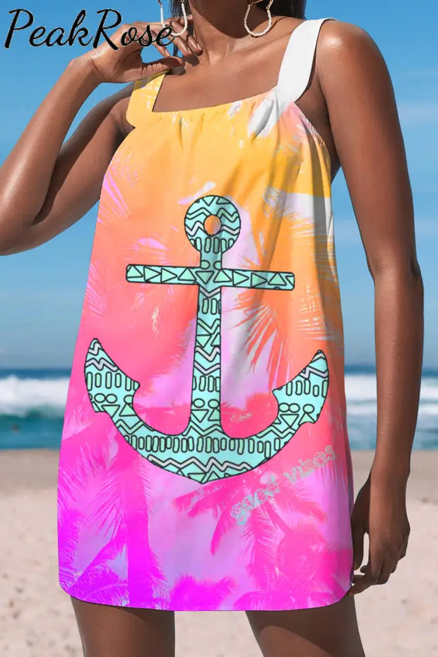 Sunny Hawaii Retro Silhouette Coconut Tree Anchor Cami Dress