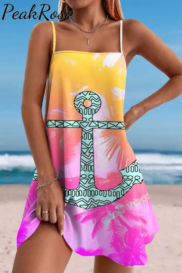 Sunny Hawaii Retro Silhouette Coconut Tree Anchor Cami Dress