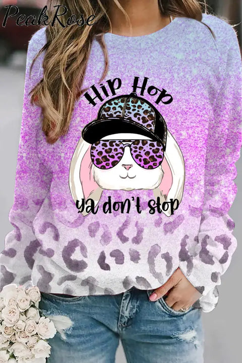 Sweatshirthip Hop Ya Dont Stop Sunglasses Rabbit Gradient Leopard Print S / Purple Sweatshirt