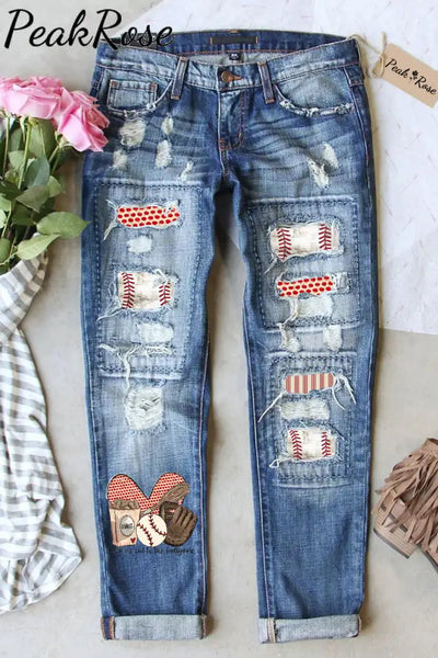 Take Me Out To The Ballgame Baseball Printed Ripped Denim Jeans S