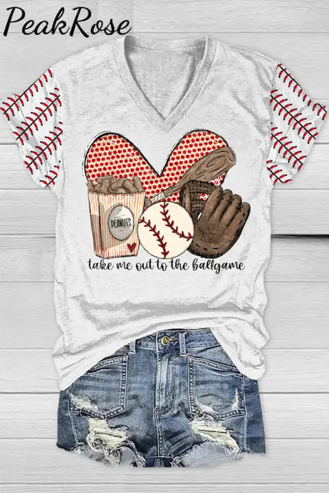 Take Me Out To The Ballgame Baseball Printed V Neck T-Shirt T-Shirt