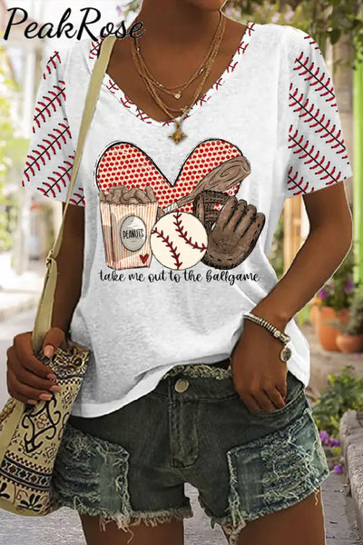 Take Me Out To The Ballgame Baseball Printed V Neck T-Shirt S / White T-Shirt