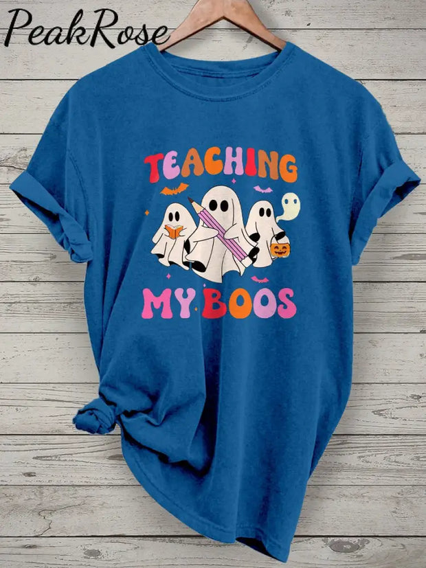 Teaching My Boos Spooky Trick Or Teach Casual Print T-Shirt Blue / S Hot Sell