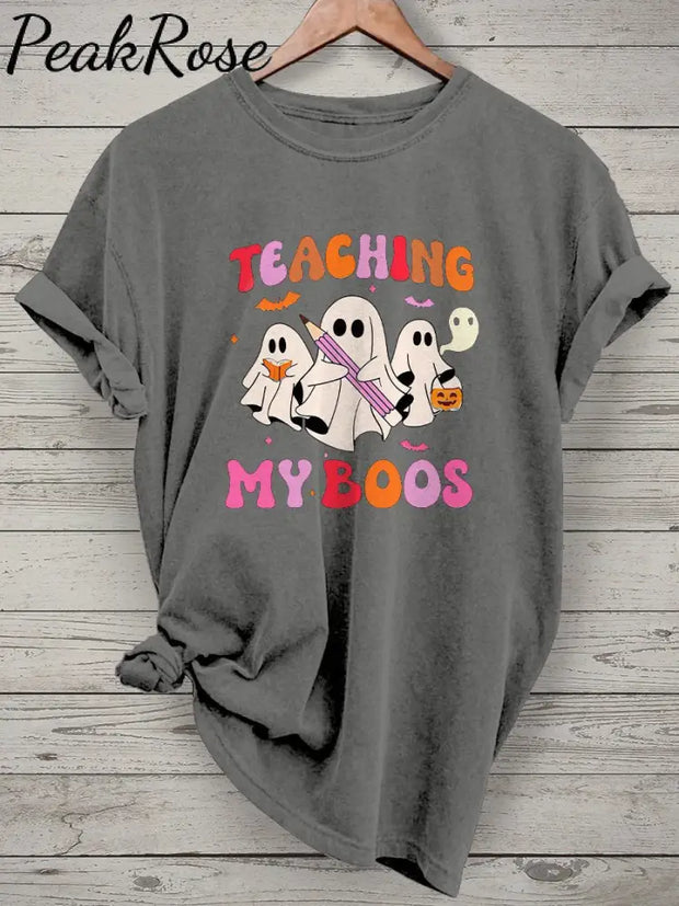 Teaching My Boos Spooky Trick Or Teach Casual Print T-Shirt Grey / S Hot Sell