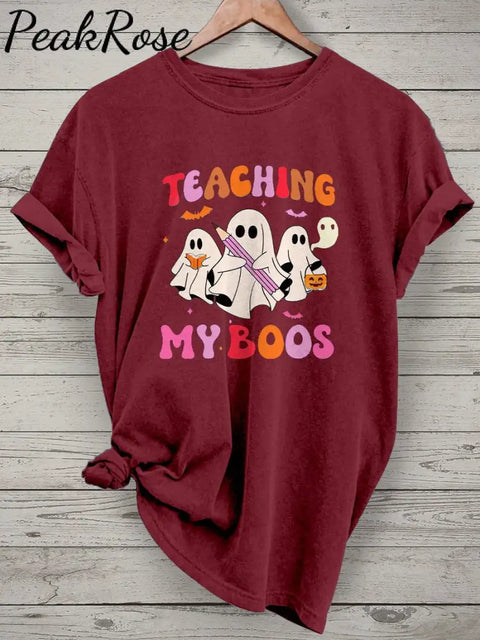 Teaching My Boos Spooky Trick Or Teach Casual Print T-Shirt Maroon / S Hot Sell