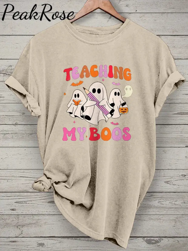 Teaching My Boos Spooky Trick Or Teach Casual Print T-Shirt Sand / S Hot Sell