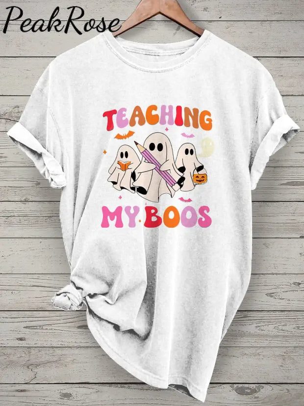 Teaching My Boos Spooky Trick Or Teach Casual Print T-Shirt White / S Hot Sell