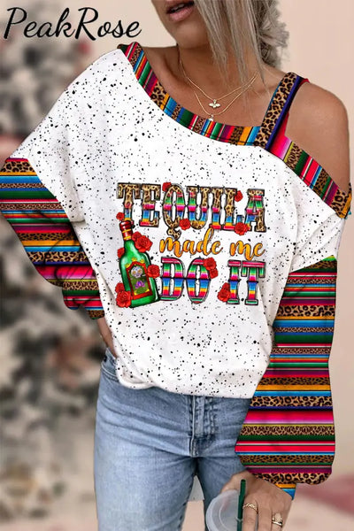 Tequila Made Me Do It Mexican Festival Printed Off-Shoulder Blouse Photo Color / S