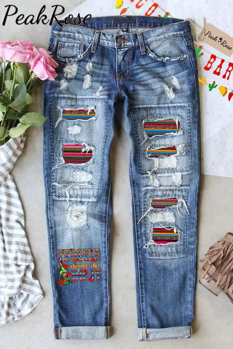 Tequila Made Me Do It Mexican Festival Printed Ripped Denim Jeans S