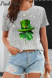 Textured Spotted Lucky Clover Four Leaf Green Hat O Neck T-Shirt