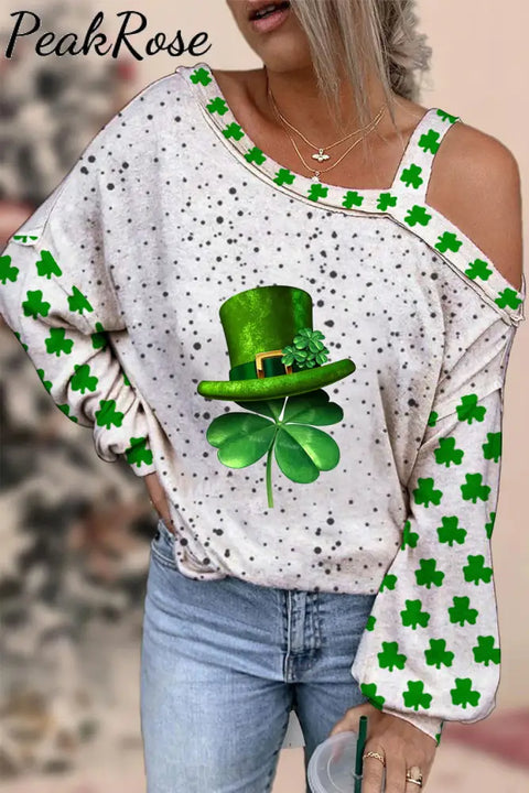 Textured Spotted Lucky Clover Four Leaf Green Hat Off Shoulder Blouse