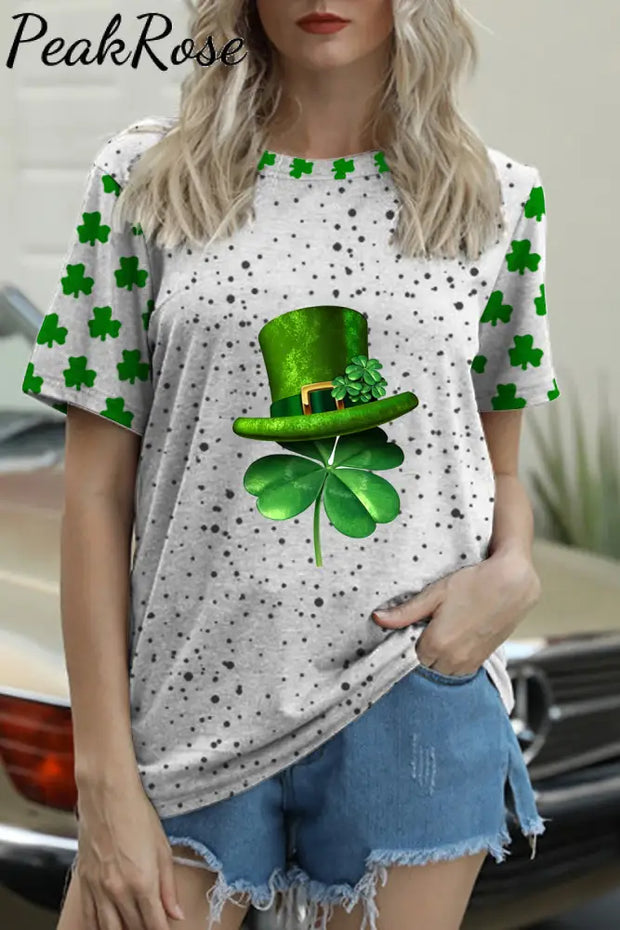 Textured Spotted Lucky Clover Four Leaf Green Hat Round Neck T-Shirt