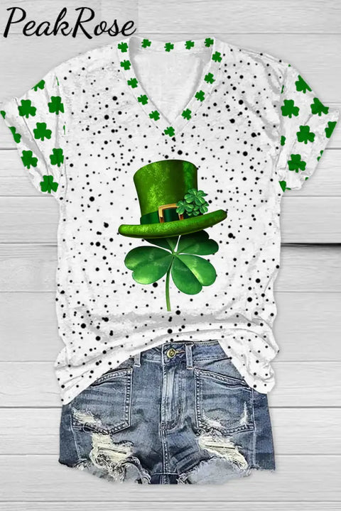 Textured Spotted Lucky Clover Four Leaf Green Hat V Neck T-Shirt