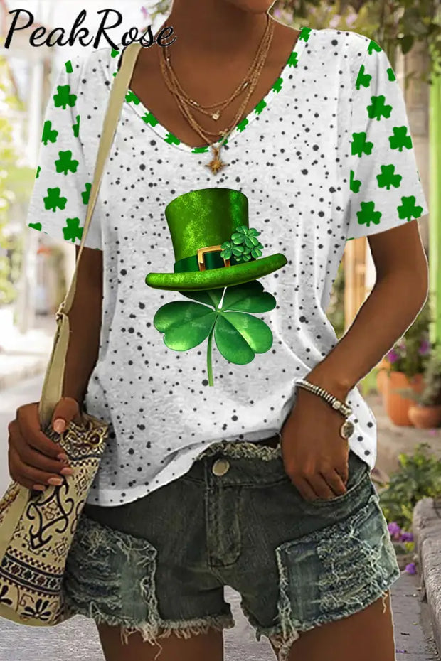 Textured Spotted Lucky Clover Four Leaf Green Hat V Neck T-Shirt S /