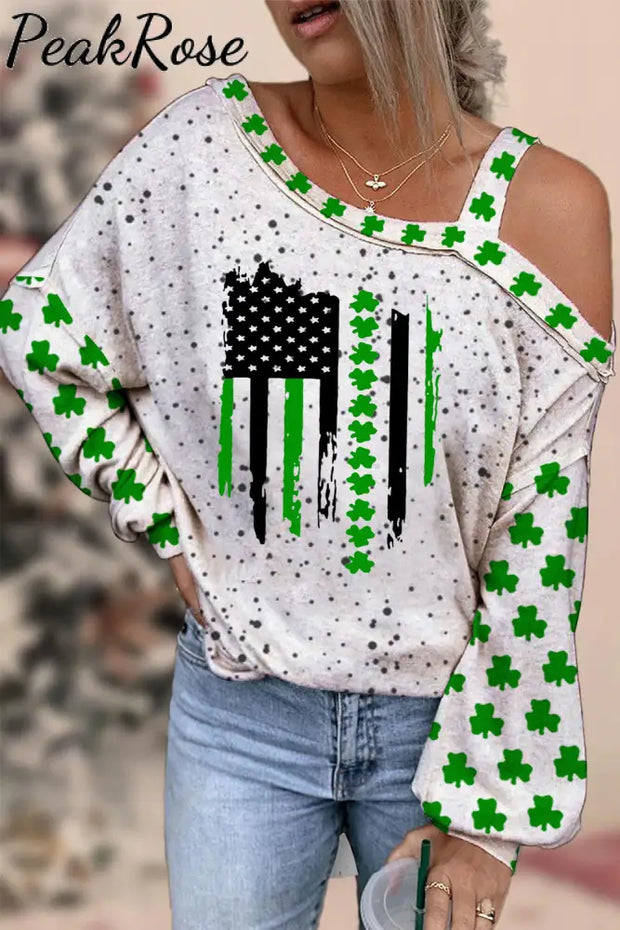 Textured Spotted Lucky Clover Striped Flag Off Shoulder Blouse