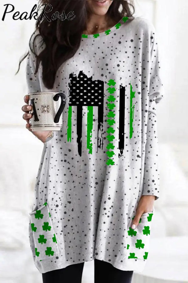 Textured Spotted Lucky Clover Striped Flag Tunic With Pockets