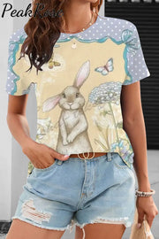 The Little Gray Rabbit In Flowers Standing Bunny O Neck T-Shirt