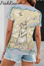 The Little Gray Rabbit In Flowers Standing Bunny O Neck T-Shirt