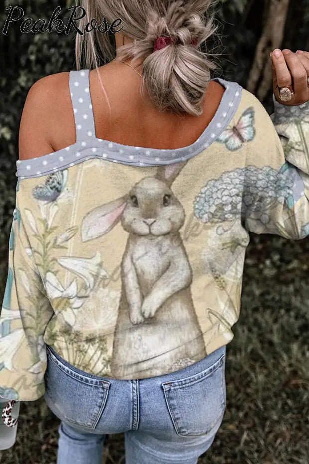 The Little Gray Rabbit In Flowers Standing Bunny Off Shoulder Blouse