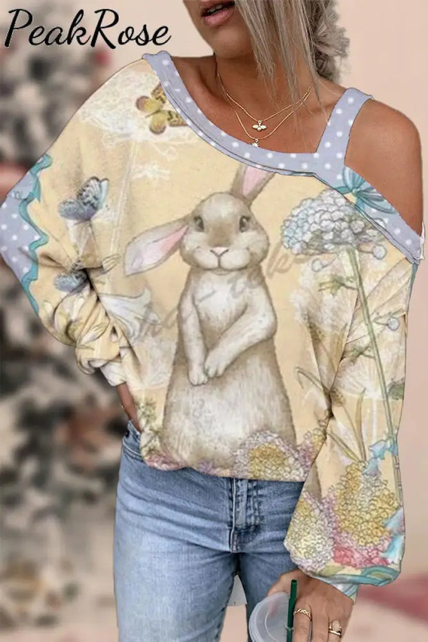 The Little Gray Rabbit In Flowers Standing Bunny Off Shoulder Blouse S / Yellow