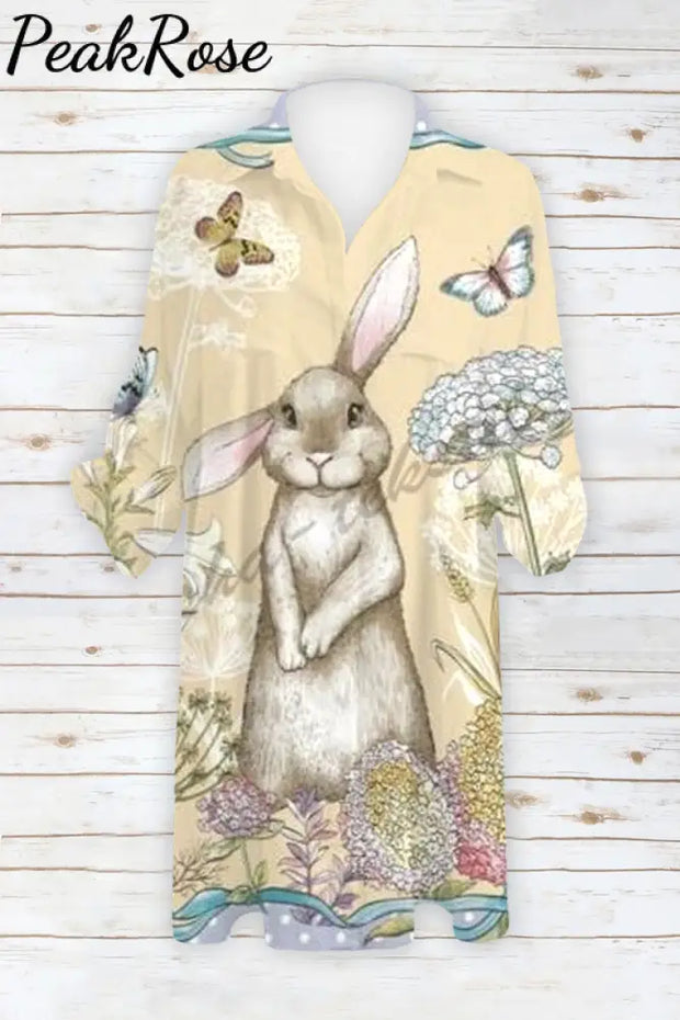 The Little Gray Rabbit In Flowers Standing Bunny Patch Front Pockets Shirt