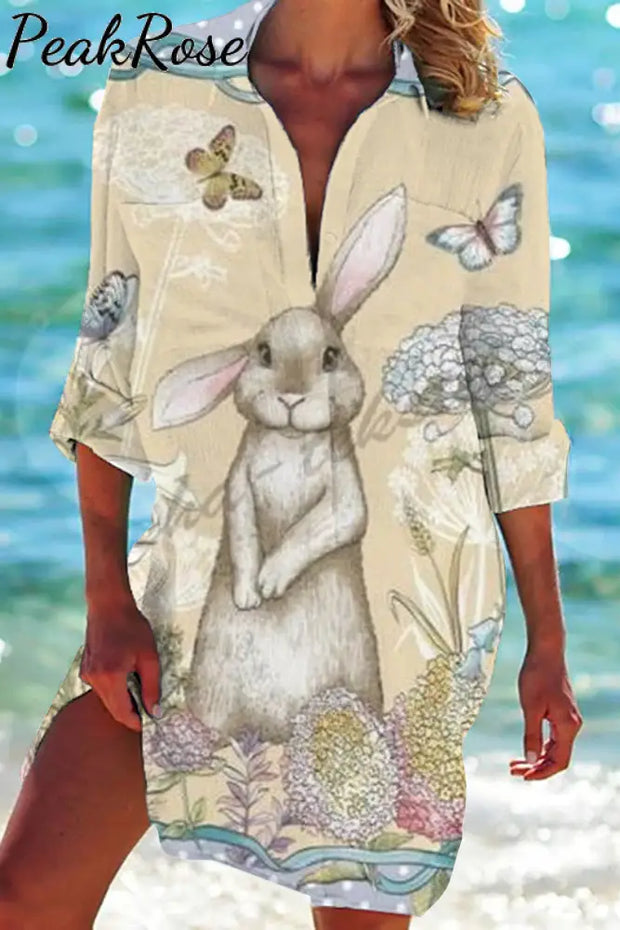 The Little Gray Rabbit In Flowers Standing Bunny Patch Front Pockets Shirt