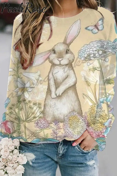 The Little Gray Rabbit In Flowers Standing Bunny Sweatshirt S / Yellow